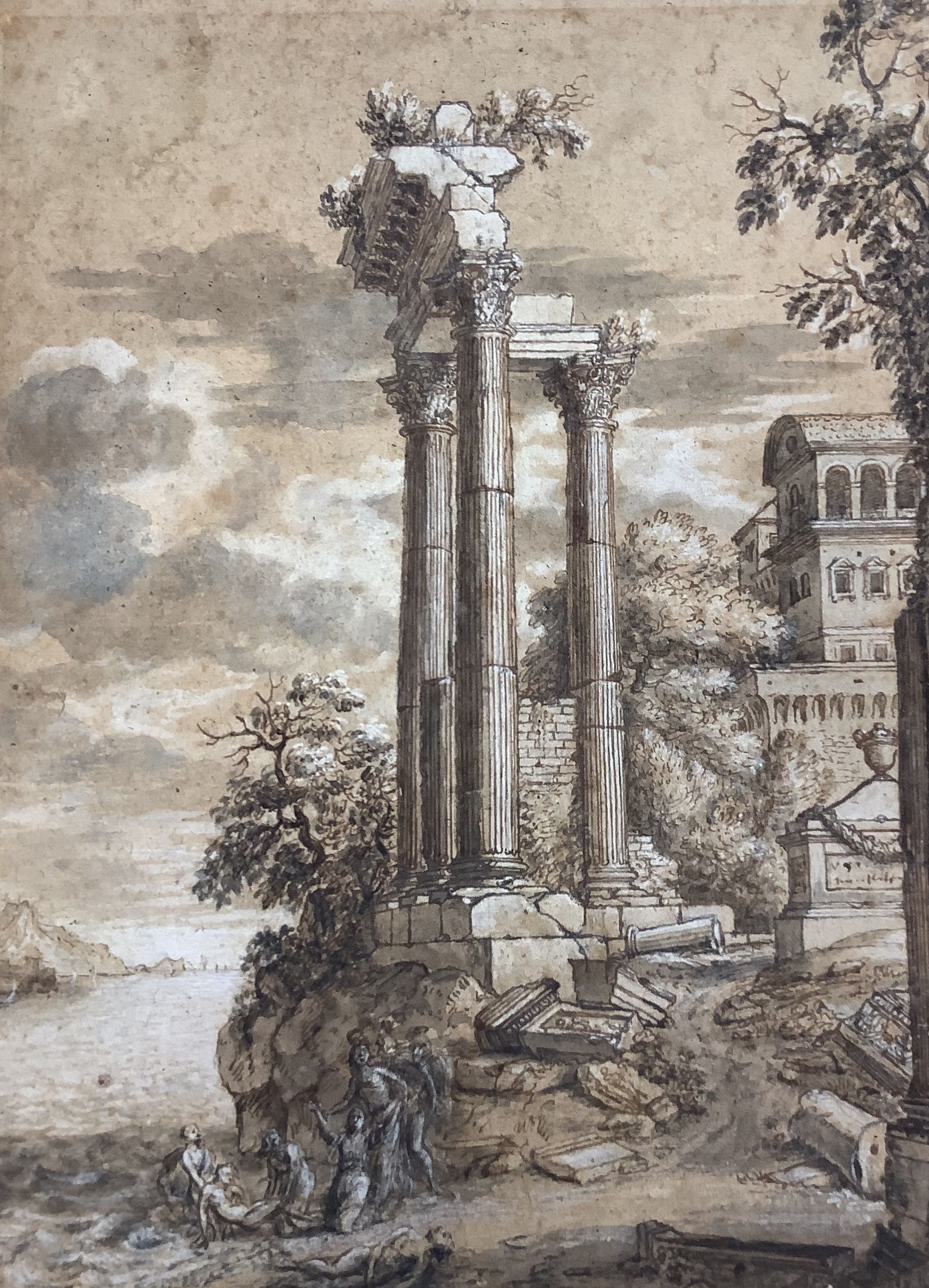 After Claude Lorrain, watercolour, Figures beside classical ruins, old collection labels verso, 32 x 24cm. Unframed